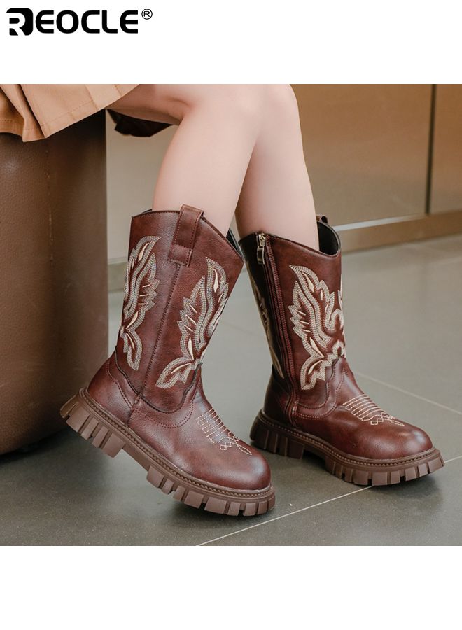 ريوكل **أحذية رعاة البقر للبنات بتطريز على الطراز الغربي وارتفاع منتصف الساق - أحذية ركوب متينة مناسبة لكل الأعمار** - Image 2
