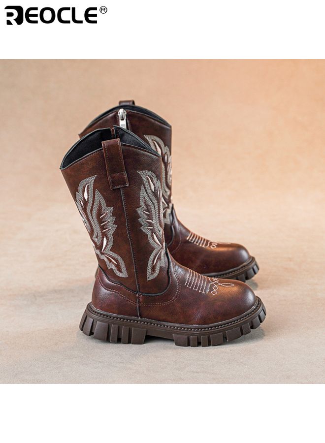 ريوكل **أحذية رعاة البقر للبنات بتطريز على الطراز الغربي وارتفاع منتصف الساق - أحذية ركوب متينة مناسبة لكل الأعمار** - Image 3