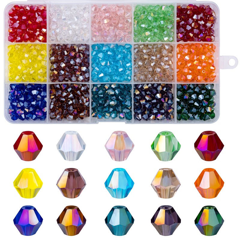 MissAudrey 900pcs Bicone Glass Beads 6mm AB Bicone Crystal Beads for Jewelry Making Faceted Crystal Glass Beads 15 Colors for DIY Beading Projects Bracelets Necklaces Earrings Suncatcher Crafts