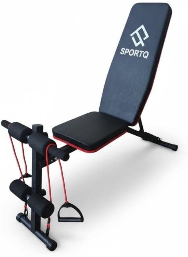 سبورت كيو مقعد اوزان SportQ®️ قابل للتعديل وقابل للطي للتمارين الرياضية بسعة كبيرة 250 كجم وحبال مرنة للمنزل وصالة الالعاب الرياضية وتمارين القوة واللياقة البدنية لكامل الجسم والجلوس والانحدار المسطح.دكة - Image 1