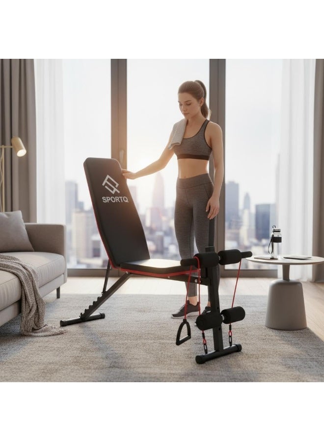 سبورت كيو مقعد اوزان SportQ®️ قابل للتعديل وقابل للطي للتمارين الرياضية بسعة كبيرة 250 كجم وحبال مرنة للمنزل وصالة الالعاب الرياضية وتمارين القوة واللياقة البدنية لكامل الجسم والجلوس والانحدار المسطح.دكة - Image 4