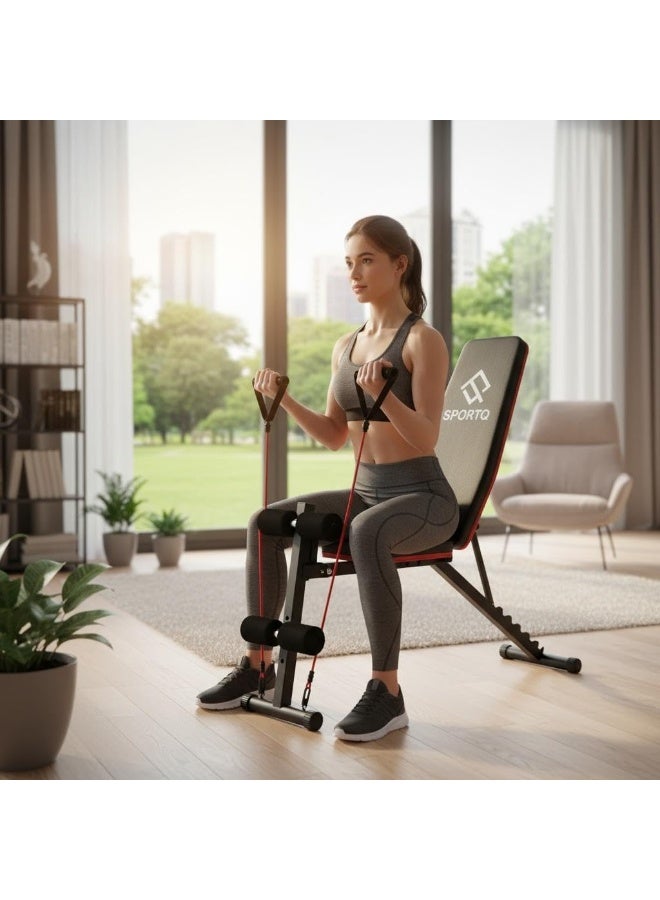 سبورت كيو مقعد اوزان SportQ®️ قابل للتعديل وقابل للطي للتمارين الرياضية بسعة كبيرة 250 كجم وحبال مرنة للمنزل وصالة الالعاب الرياضية وتمارين القوة واللياقة البدنية لكامل الجسم والجلوس والانحدار المسطح.دكة - Image 2