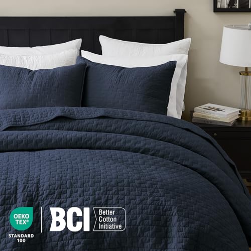palassio Navy Blue 100% Cotton Quilt King Size Bedding Sets with 2 Pillow Shams, Textured Lightweight Soft Bedspread Shabby Chic Coverlet, Quilted Comforter Bed Cover for All Season, 3 Pieces - Image 3