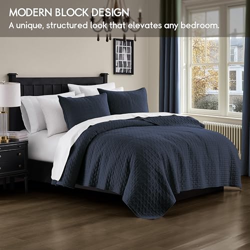 palassio Navy Blue 100% Cotton Quilt King Size Bedding Sets with 2 Pillow Shams, Textured Lightweight Soft Bedspread Shabby Chic Coverlet, Quilted Comforter Bed Cover for All Season, 3 Pieces - Image 2