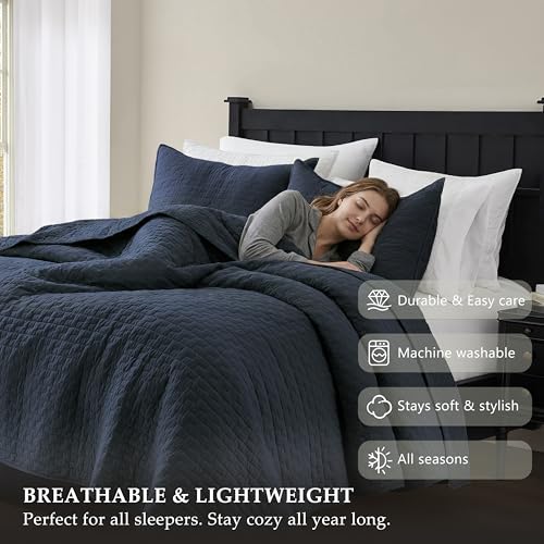 palassio Navy Blue 100% Cotton Quilt King Size Bedding Sets with 2 Pillow Shams, Textured Lightweight Soft Bedspread Shabby Chic Coverlet, Quilted Comforter Bed Cover for All Season, 3 Pieces - Image 5