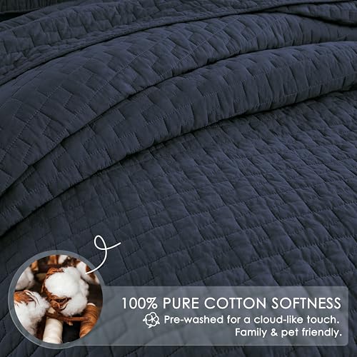 palassio Navy Blue 100% Cotton Quilt King Size Bedding Sets with 2 Pillow Shams, Textured Lightweight Soft Bedspread Shabby Chic Coverlet, Quilted Comforter Bed Cover for All Season, 3 Pieces - Image 4