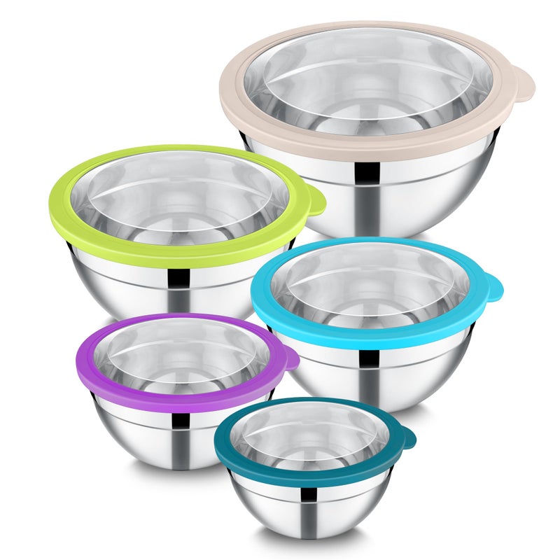 Joyfair Mixing Bowls 5 Pcs Stainless Steel Nesting Salad Bowl with Airtight Transparent Lids Metal Bowl Set Ideal for Kitchen Mixing Baking Serving Storing Washing 4625161207QT Multicolor