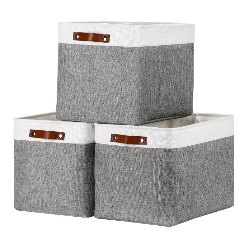 DULLEMELO Large Storage Baskets Fabric Storage Basket with Leather Handles for Shelves Closet Nursery Toy Storage Collapsible Fabric Baskets for Toy Book Magazine Towel OrganizersWhiteGray