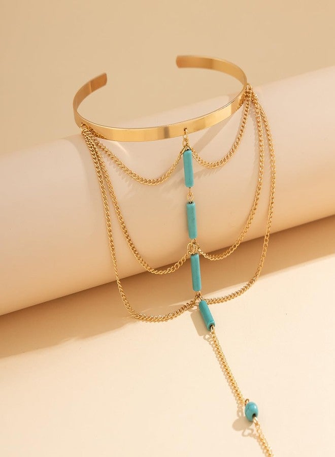 Rannyrena Punk Long Chain Tassel Arm Cuff Boho Turquoise Stone Pendant Arm Bangle Bracelet Vintage Arrow Armlet Open Adjustable Upper Armband Beach Wedding Arm Jewelry for Women (Turquoise) - Image 3