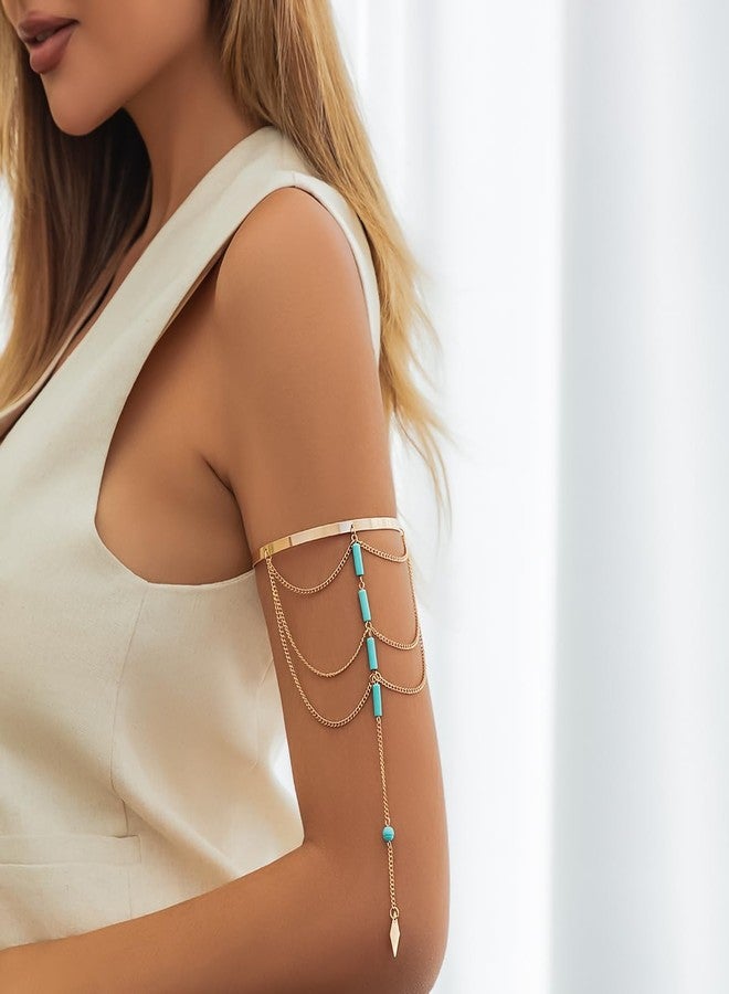 Rannyrena Punk Long Chain Tassel Arm Cuff Boho Turquoise Stone Pendant Arm Bangle Bracelet Vintage Arrow Armlet Open Adjustable Upper Armband Beach Wedding Arm Jewelry for Women (Turquoise) - Image 2