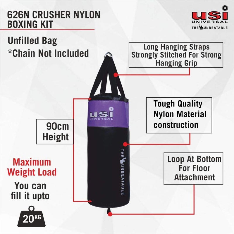 USI UNIVERSAL حقيبة ملاكمة، حقيبة ملاكمة نايلون غير مملوءة 626N كراشر لتدريب فنون القتال والملاكمة، مادة نايلون، حزام تعليق طويل، قطر 33 سم (طول 3 أقدام/90 سم) - Image 4