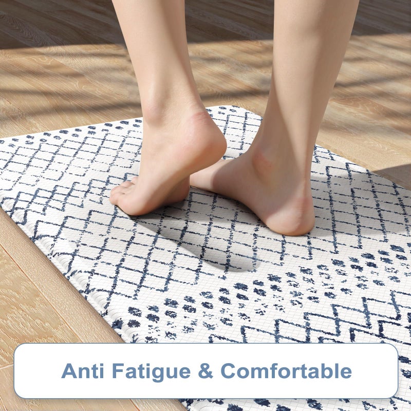 KIMODE Kitchen Mats 2PCS,Cushioned Anti Fatigue Boho Kitchen Rugs and Mats,Non Slip Waterproof Kitchen Mats for Floor,Comfort Foam Standing Desk Mat for Home,Office,Sink,Laundry,Blue and White - Image 2