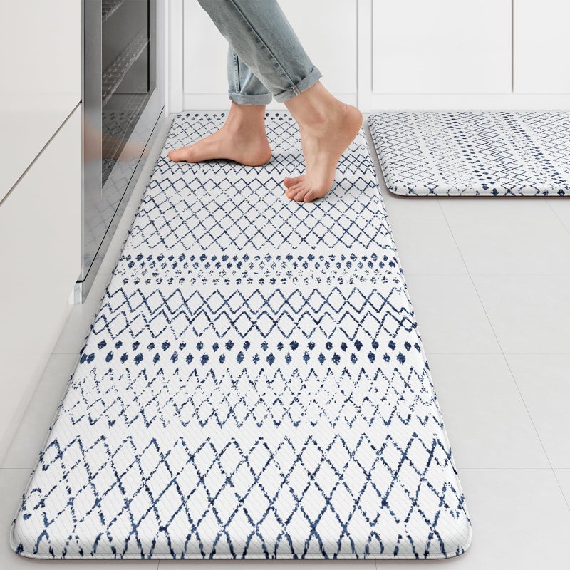 KIMODE Kitchen Mats 2PCS,Cushioned Anti Fatigue Boho Kitchen Rugs and Mats,Non Slip Waterproof Kitchen Mats for Floor,Comfort Foam Standing Desk Mat for Home,Office,Sink,Laundry,Blue and White - Image 1