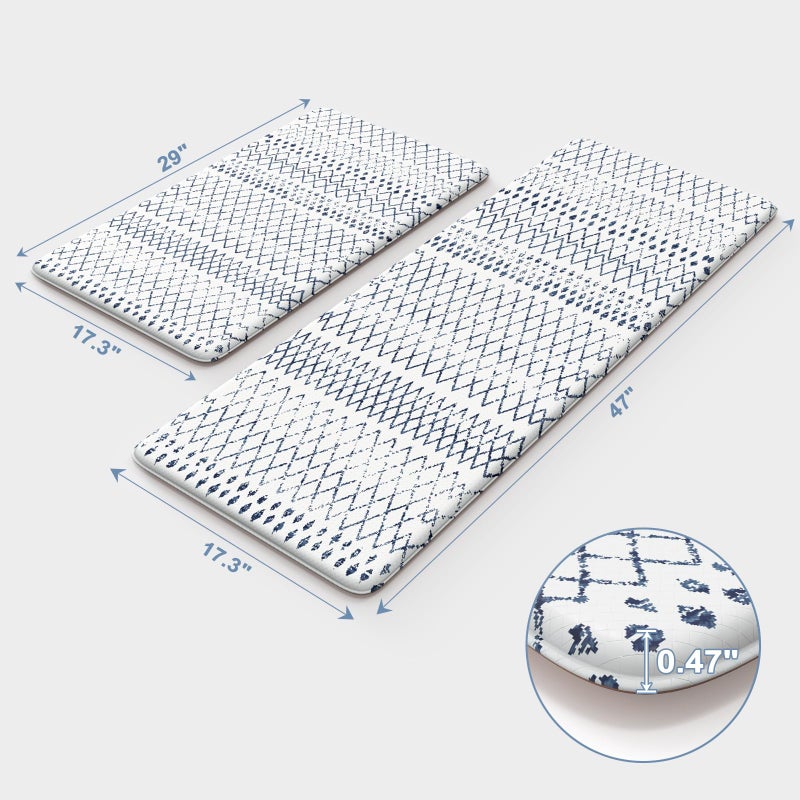 KIMODE Kitchen Mats 2PCS,Cushioned Anti Fatigue Boho Kitchen Rugs and Mats,Non Slip Waterproof Kitchen Mats for Floor,Comfort Foam Standing Desk Mat for Home,Office,Sink,Laundry,Blue and White - Image 3