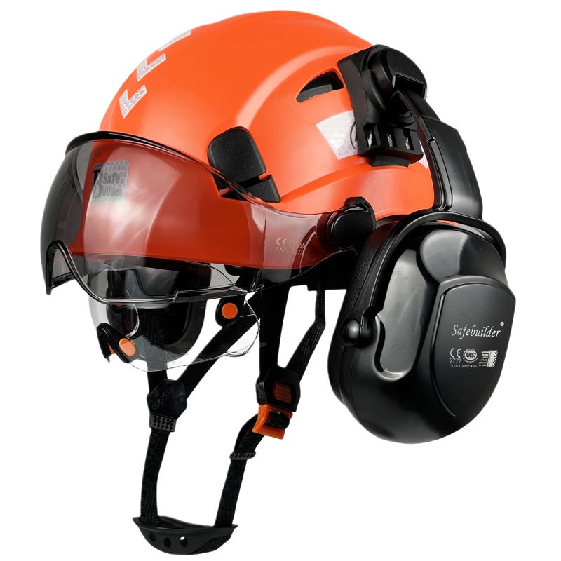 SAFEBUILDER Construction Safety Helmet with Visors Clear Tinted Earmuffs Hearing Protection Industrial Work Hard Hat for Engineer Orange Helmet with Clear Tinted Visor Earmuffs
