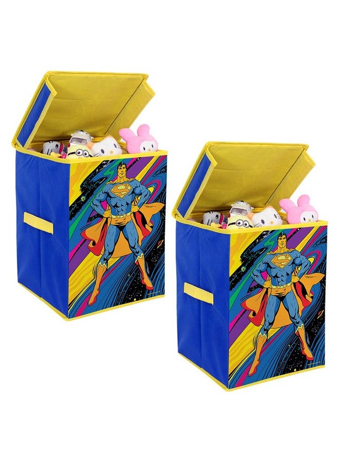 PrettyKrafts Fabric Superman Toys Organizer (Set of 2 Pieces), Storage Box for Kids, with Top Lid, Big, Rectangular, Blue - Image 1