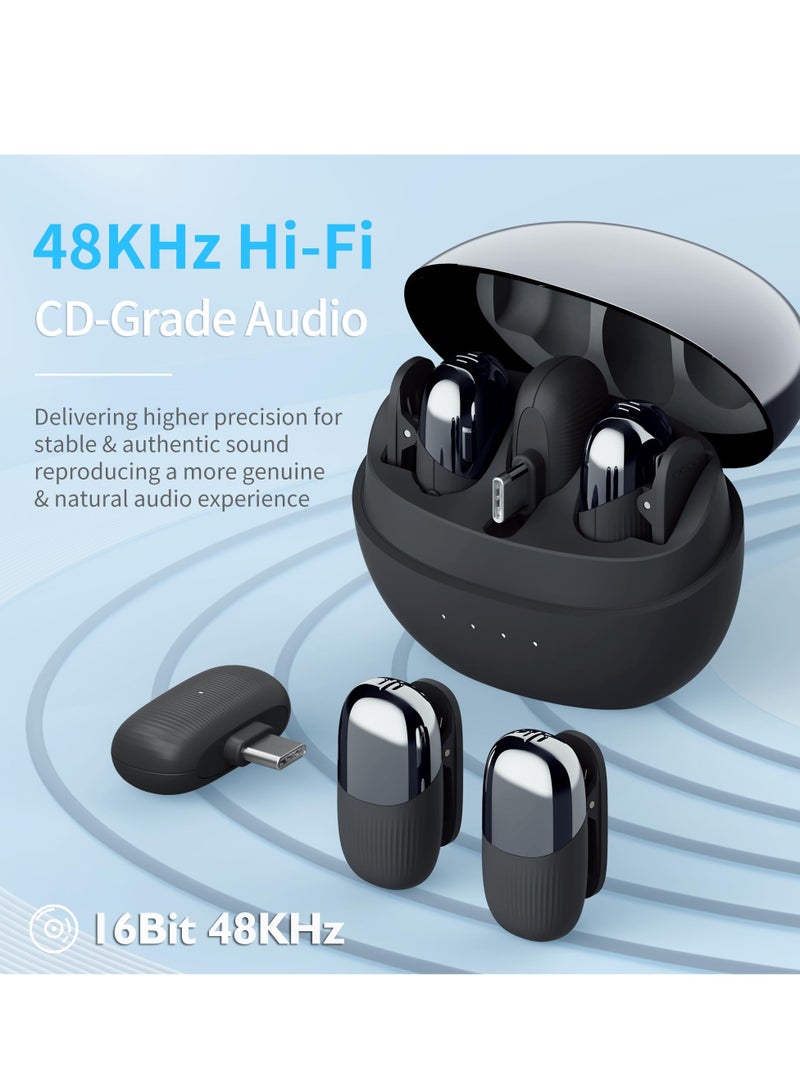 ميكروفون لافاليير لاسلكي، ميكروفون صغير احترافي 2.4 جيجا هرتز لمنفذ USB C، ميكروفون لاسلكي لتقليل الضوضاء، للبث المباشر على YouTube وTikTok Vlog ومقابلات الفيديو، أسود - Image 2