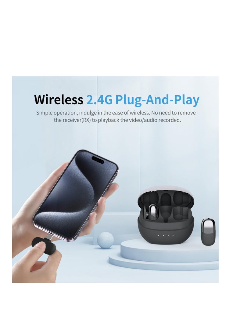 ميكروفون لافاليير لاسلكي، ميكروفون صغير احترافي 2.4 جيجا هرتز لمنفذ USB C، ميكروفون لاسلكي لتقليل الضوضاء، للبث المباشر على YouTube وTikTok Vlog ومقابلات الفيديو، أسود - Image 3