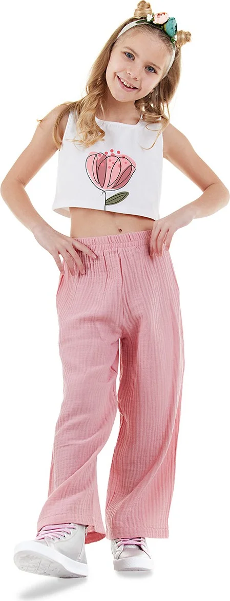 Denokids Floral Girl Pink Muslin Trouser Set