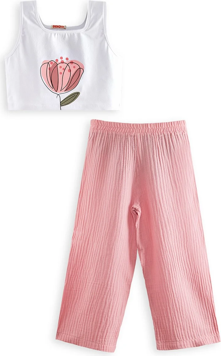 Denokids Floral Girl Pink Muslin Trouser Set
