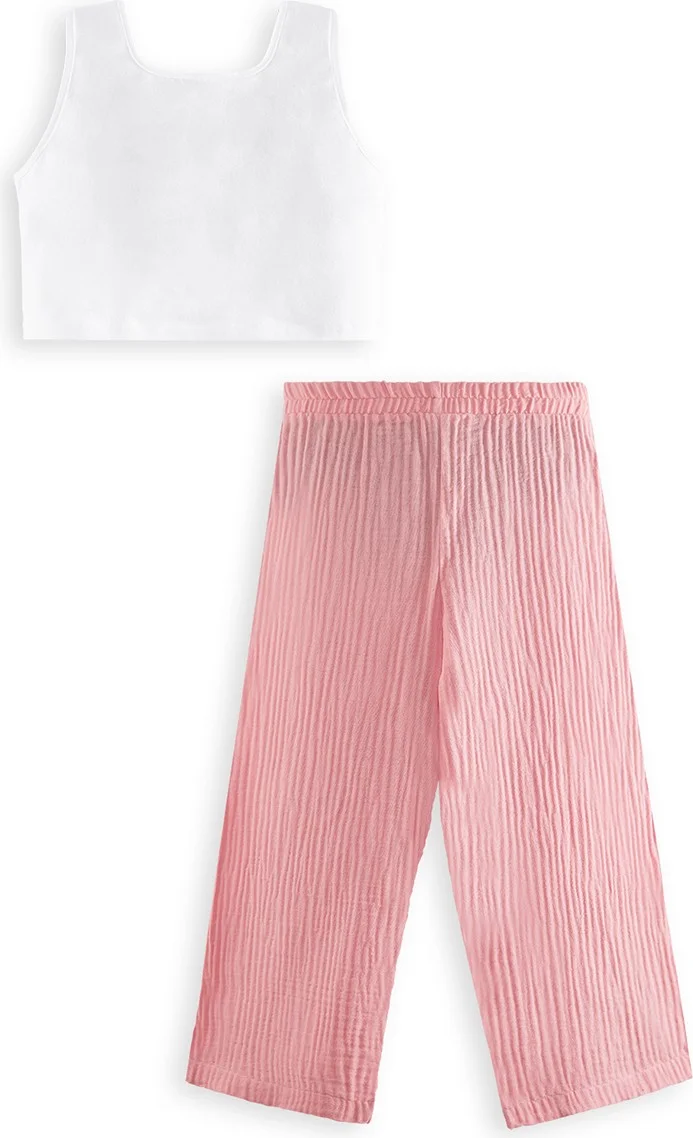 Denokids Floral Girl Pink Muslin Trouser Set