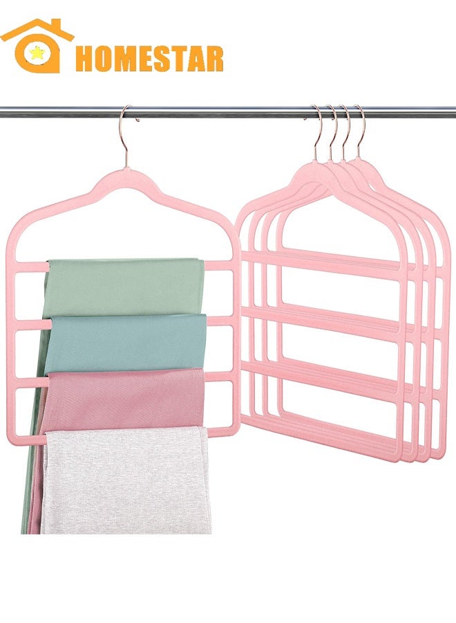 HOMESTAR 4 Pack Velvet Pant Hangers, Space Saving, Non Slip Velvet Hangers, Velvet Hangers Multi Layer Clothes Hangers, Closet Organizer for Pants, Jeans, Trousers, Scarf, Pink - Image 1