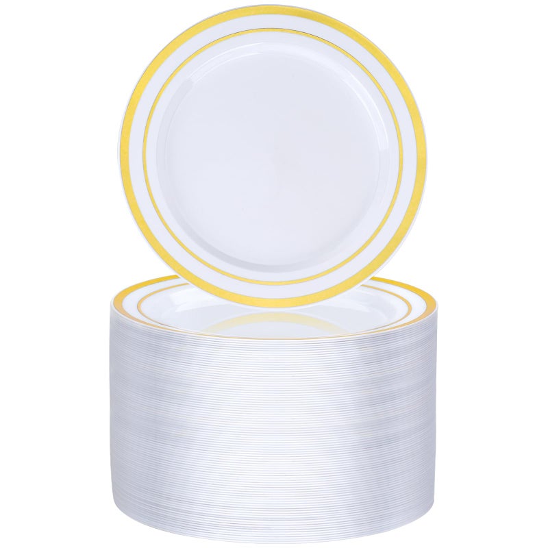 100PCS Gold Plastic Plate 7 Inch Disposable Dessert Plate Party with Gold Rim Heavy Duty Disposable Plastic Plates for Party Wedding and Birthday