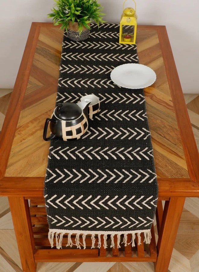 pepme Cotton Printed Table Runner Pitloom Dhurrie, 60x14, Black White - Image 2