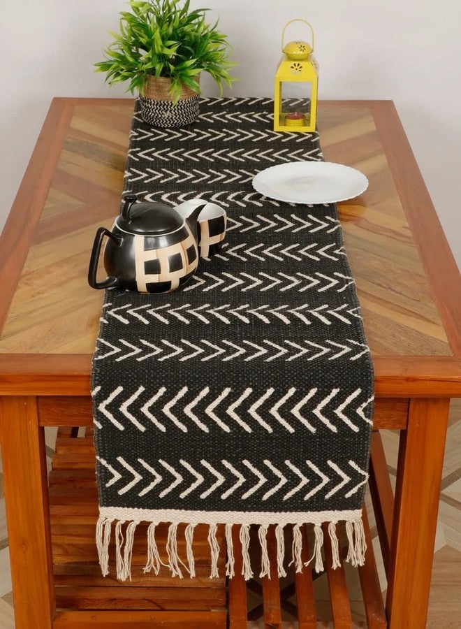 pepme Cotton Printed Table Runner Pitloom Dhurrie, 60x14, Black White - Image 1