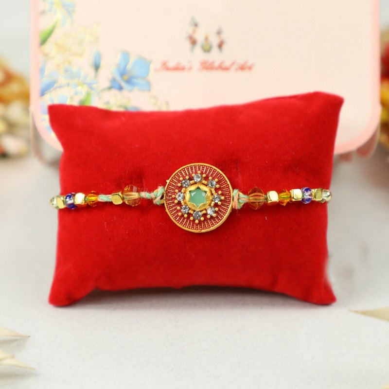 Madhoor Handcrafted Rakhi with Red Chakra Design, Premium Thread Rakhi for Brother, Festive Raksha Bandhan Rakhi, 20 cm - Image 1