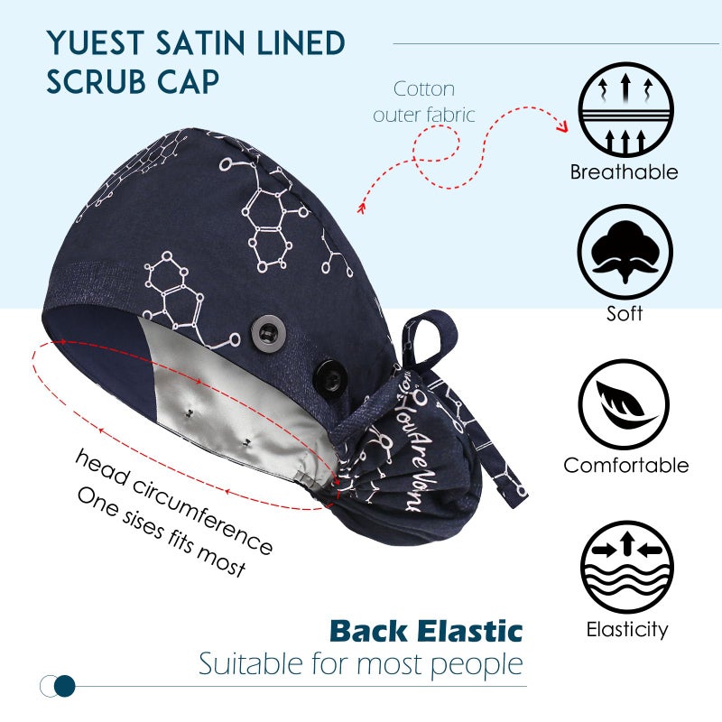 Yuest Satin Lined Scrub Caps with Buttons & Sweathand, Surgical Caps for Women - Image 2