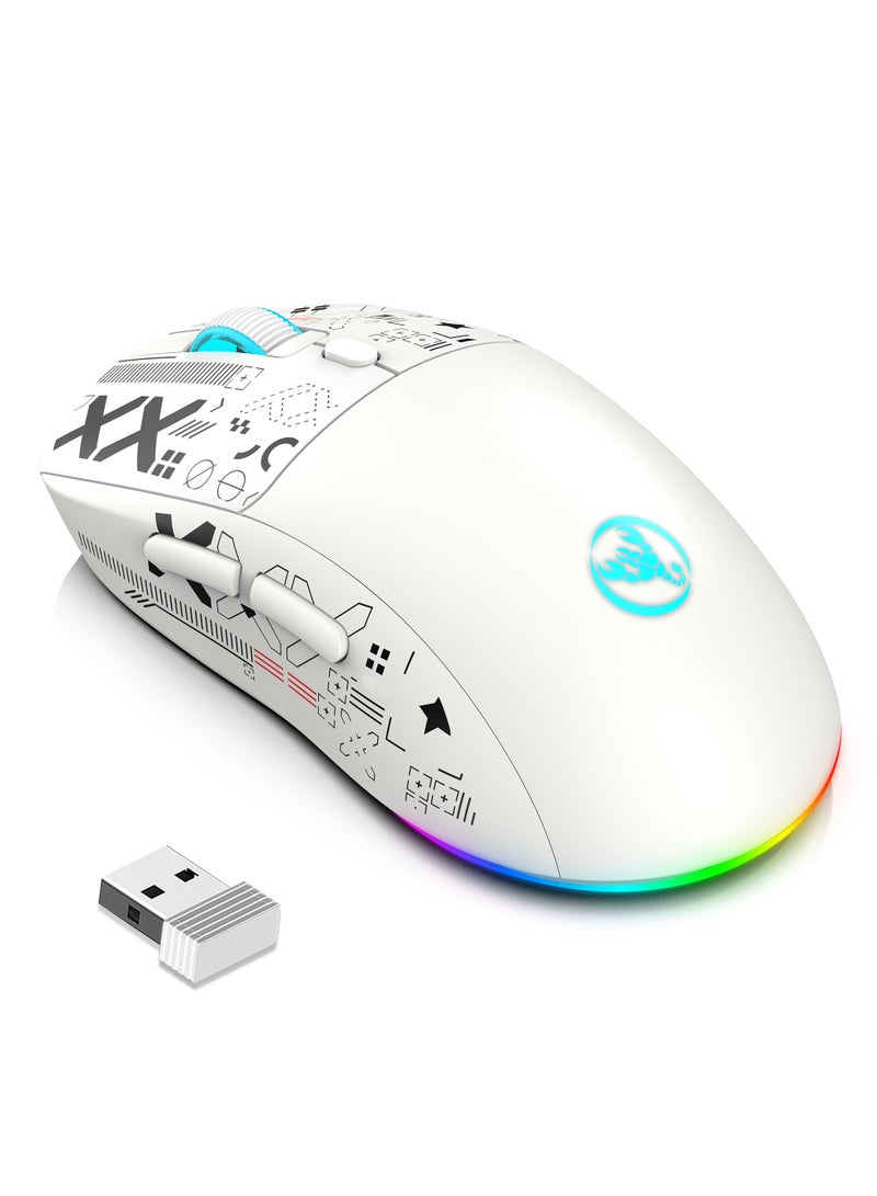 إتش إكس إس جيه ماوس ألعاب سلكي + لاسلكي 2.4 جيجاهرتز + BT5.3، ماوس صامت قابل للتعديل بدقة 1200/1600/2400/3600 نقطة في البوصة، 6 مفاتيح وبرنامج إضاءة RGB وبرمجة ماكرو لأعمال الألعاب، أبيض - Image 1