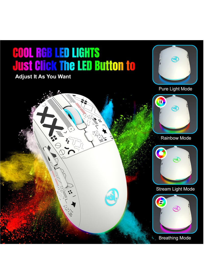 إتش إكس إس جيه ماوس ألعاب سلكي + لاسلكي 2.4 جيجاهرتز + BT5.3، ماوس صامت قابل للتعديل بدقة 1200/1600/2400/3600 نقطة في البوصة، 6 مفاتيح وبرنامج إضاءة RGB وبرمجة ماكرو لأعمال الألعاب، أبيض - Image 3
