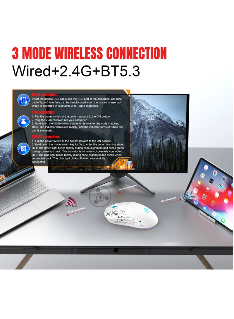 إتش إكس إس جيه ماوس ألعاب سلكي + لاسلكي 2.4 جيجاهرتز + BT5.3، ماوس صامت قابل للتعديل بدقة 1200/1600/2400/3600 نقطة في البوصة، 6 مفاتيح وبرنامج إضاءة RGB وبرمجة ماكرو لأعمال الألعاب، أبيض - Image 5