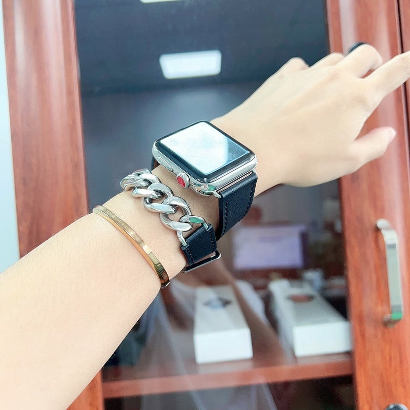 Double Loop Genuine Leather Stainless Steel Watch Band For Apple Watch Series 9&8&7 41mm / SE 3&SE 2&6&SE&5&4 40mm / 3&2&1 38mm(Black)