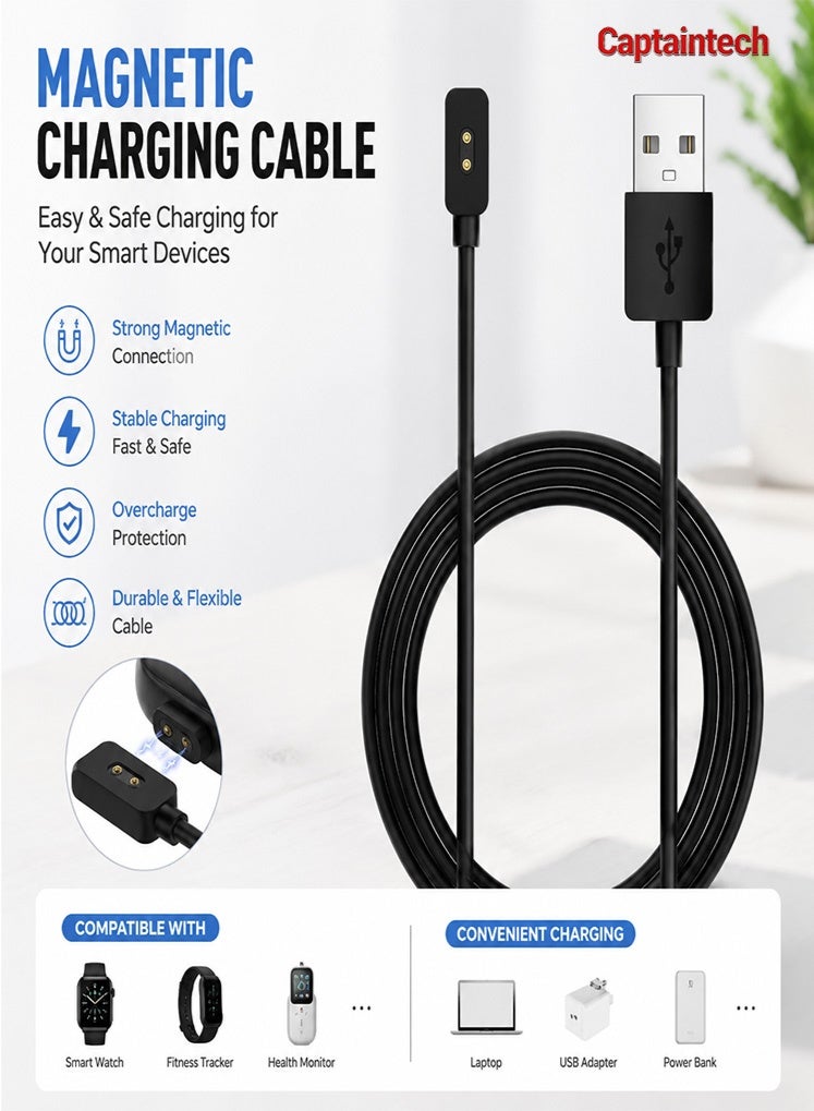 Captaintech 1M Fast Charging USB Cable Compatible with Redmi Watch 5 Lite/Active u0026 Xiaomi Mi Band 9/10 - High-Sensitivity Magnetic Safe Charger Line - Image 1