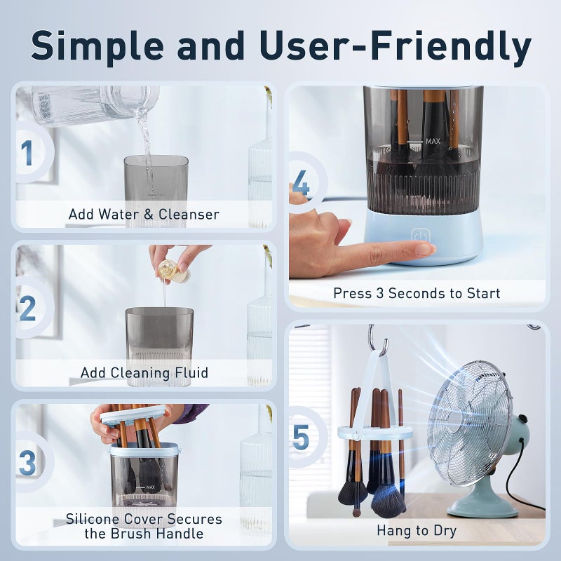Azang Electric Makeup Brush Cleaner - 9000 RPM Makeup Brush Cleaning Machine, IP65 Waterproof Automatic Makeup Brush Cleaner for Makeup Sponges and Brushes(Blue) - Image 5