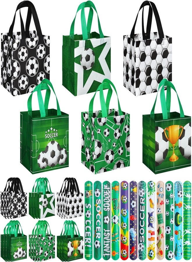 أكياس هدايا حفلات كرة القدم من ميني إنفلات، 24 قطعة، أكياس هدايا غير منسوجة لكرة القدم مع 24 قطعة من أساور كرة القدم، أكياس حلوى قابلة لإعادة الاستخدام بمقابض، لوازم حفلات كرة القدم - Image 1