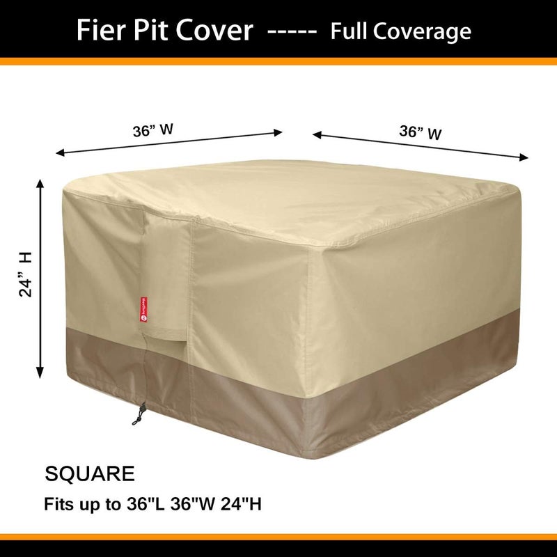 Gas Fire Pit Cover Square 600D Heavy Duty Patio Outdoor Fire Pit Table Cover with PVC Coating 100% Waterproof,Air Vent,Fits for 33/34/35/36 inch Fire Pit Table Cover 36”L x 36”W x 24”H Beige - Image 2