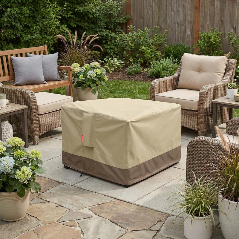 Gas Fire Pit Cover Square 600D Heavy Duty Patio Outdoor Fire Pit Table Cover with PVC Coating 100% Waterproof,Air Vent,Fits for 33/34/35/36 inch Fire Pit Table Cover 36”L x 36”W x 24”H Beige - Image 4