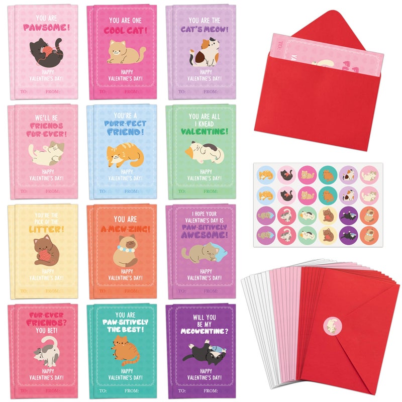 TICIAGA 72pcs Valentine's Day Cartoon Cat Animal Greeting Card with Envelop and Stickers for Kids, Cute Catling Pet Notecard Exchange Gift for Boys and Girls School Classroom Valentines Party Favors - Image 1