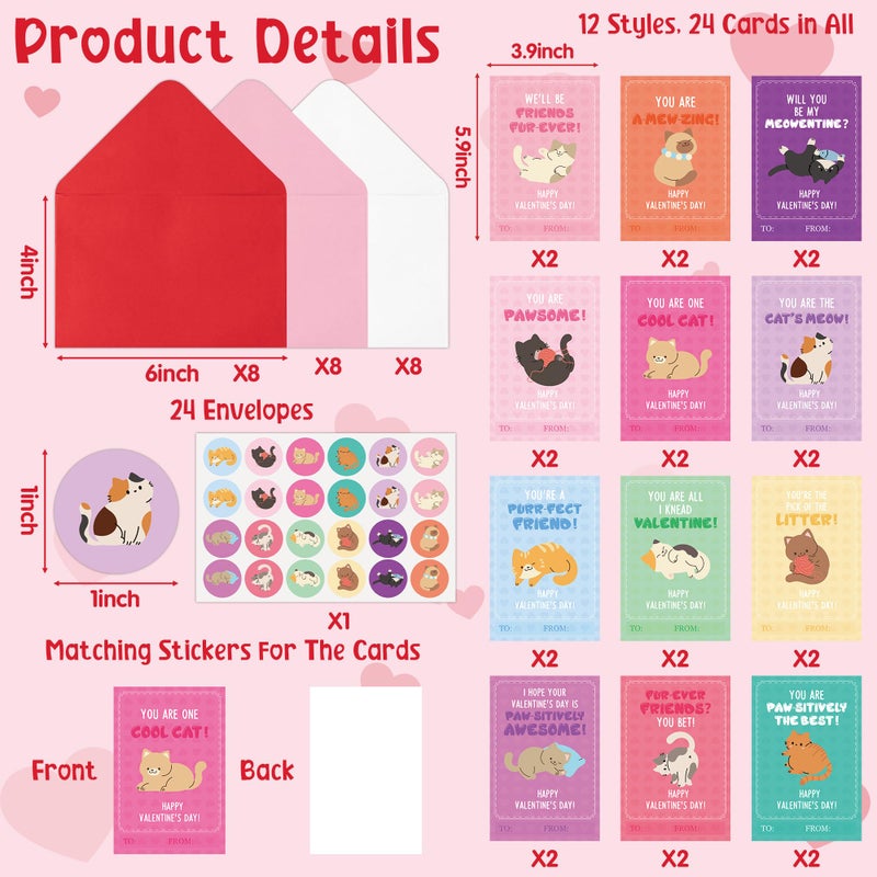 TICIAGA 72pcs Valentine's Day Cartoon Cat Animal Greeting Card with Envelop and Stickers for Kids, Cute Catling Pet Notecard Exchange Gift for Boys and Girls School Classroom Valentines Party Favors - Image 2