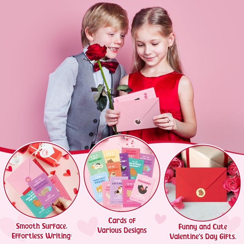 TICIAGA 72pcs Valentine's Day Cartoon Cat Animal Greeting Card with Envelop and Stickers for Kids, Cute Catling Pet Notecard Exchange Gift for Boys and Girls School Classroom Valentines Party Favors - Image 4