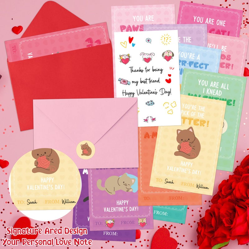 TICIAGA 72pcs Valentine's Day Cartoon Cat Animal Greeting Card with Envelop and Stickers for Kids, Cute Catling Pet Notecard Exchange Gift for Boys and Girls School Classroom Valentines Party Favors - Image 3