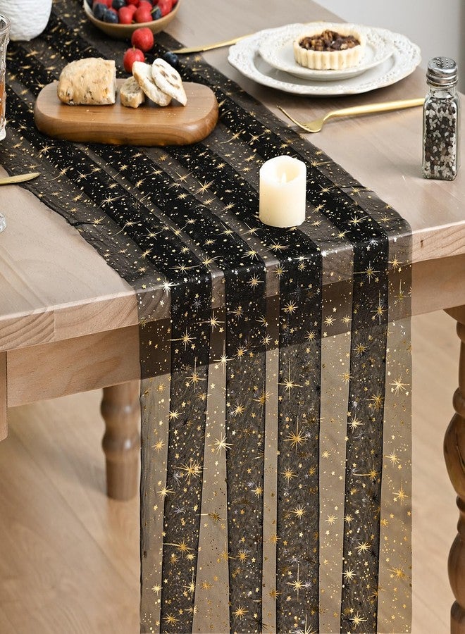 Artoid Mode Gold Stars Black Gauze Table Runner 120 Inch 10FT, Reversible Glitter Sheer Dining Wedding Holiday Birthday Table Decor for Home Party - Image 1
