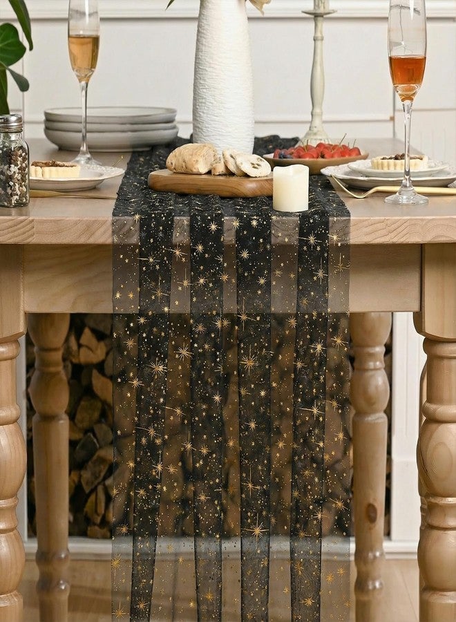 Artoid Mode Gold Stars Black Gauze Table Runner 120 Inch 10FT, Reversible Glitter Sheer Dining Wedding Holiday Birthday Table Decor for Home Party - Image 3