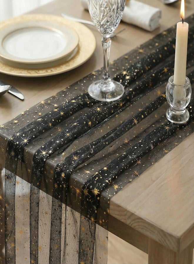 Artoid Mode Gold Stars Black Gauze Table Runner 120 Inch 10FT, Reversible Glitter Sheer Dining Wedding Holiday Birthday Table Decor for Home Party - Image 5