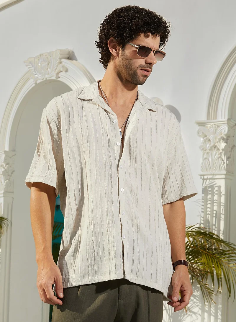 Campus Sutra Men's Saltbox Beige Crumble-Revival Oversized Shirt
