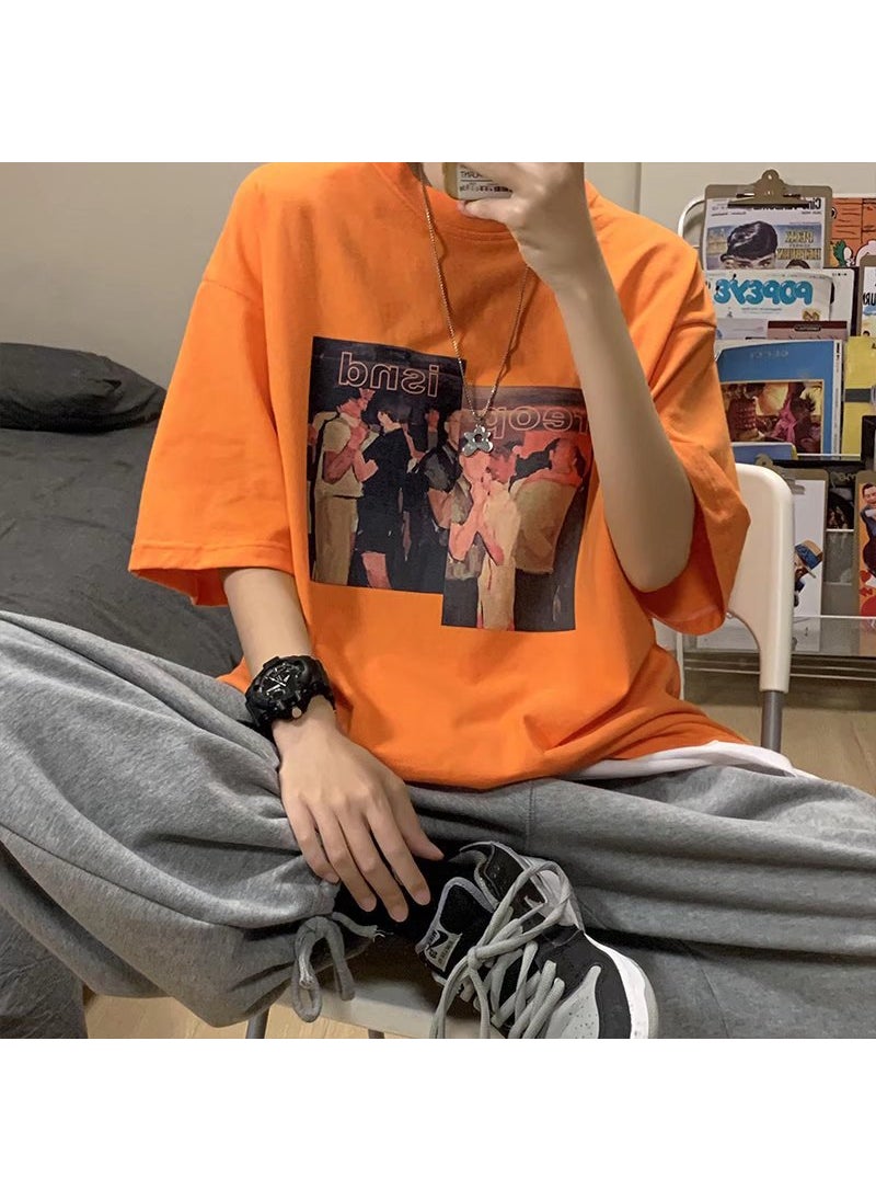 Generic - American Style Vintage Short Sleeve T-Shirt For Men Ins Trendy Brand Versatile Hip Hop Clothing Loose Fit Summer Student T-Shirt Orange Red - Image 1