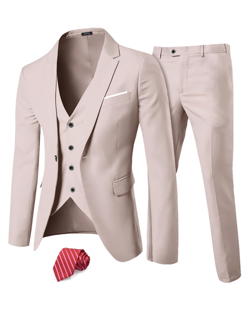 MYS Mens 3 Piece Slim Fit Suit Set One Button Solid Jacket Vest Pants with Tie Beige
